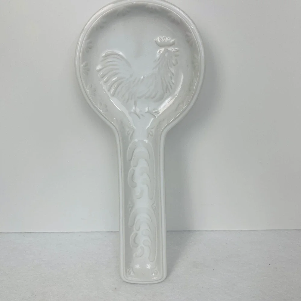 White Ceramic Rooster Spoon Rest Embossed Farmhouse Kitchen Decor 10 Inch